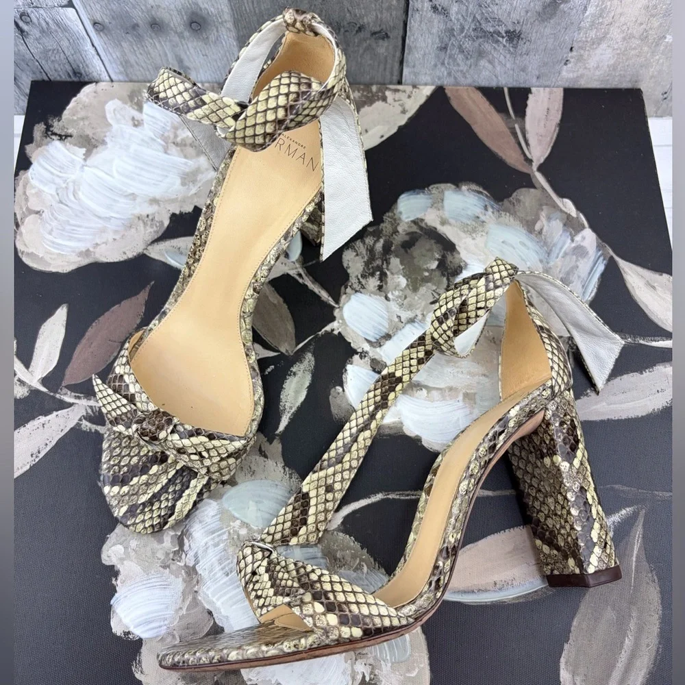 Alexandre Birman Clarita Leather Ankle-Tie Sandals in Snakeskin Size 9.